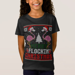 Pink Flamingos Santa Merry Flockin Christmas Ugly T-Shirt