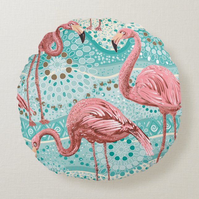 Pink flamingos seamless pattern round cushion (Front)