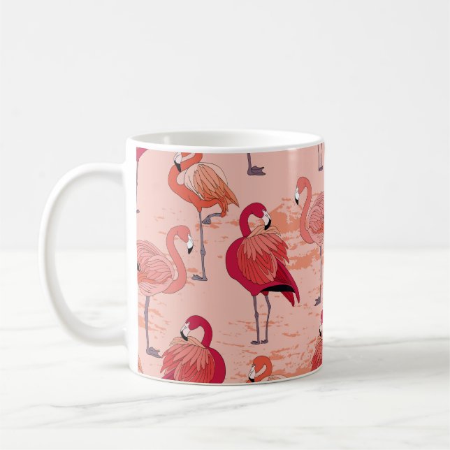Pink Flamingos: Seamless Tropical Pattern Coffee Mug (Left)