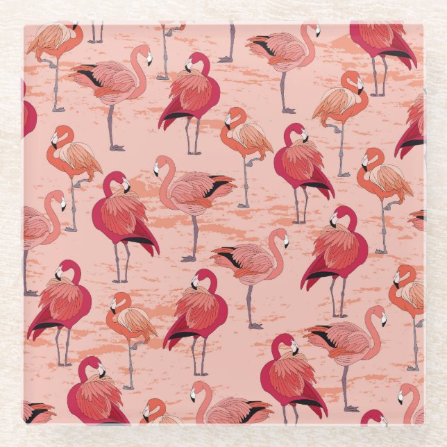 Pink Flamingos: Seamless Tropical Pattern Glass Coaster (Front)