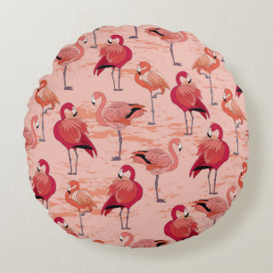 Pink Flamingos: Seamless Tropical Pattern Round Cushion