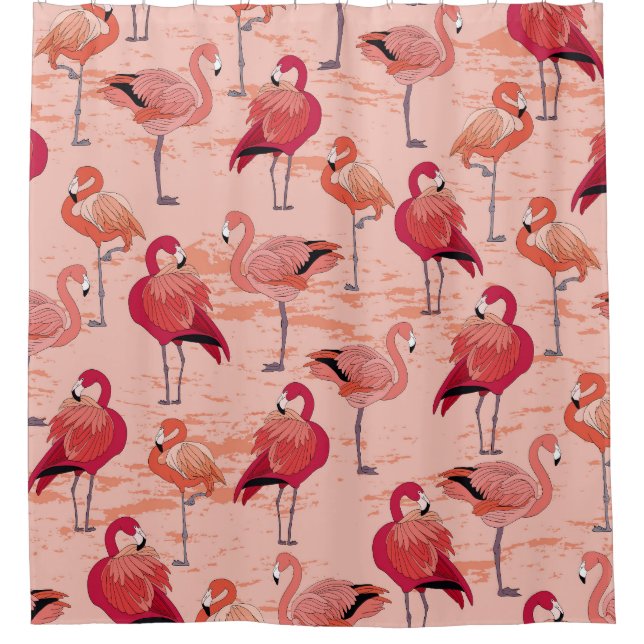 Pink Flamingos: Seamless Tropical Pattern Shower Curtain (Front)