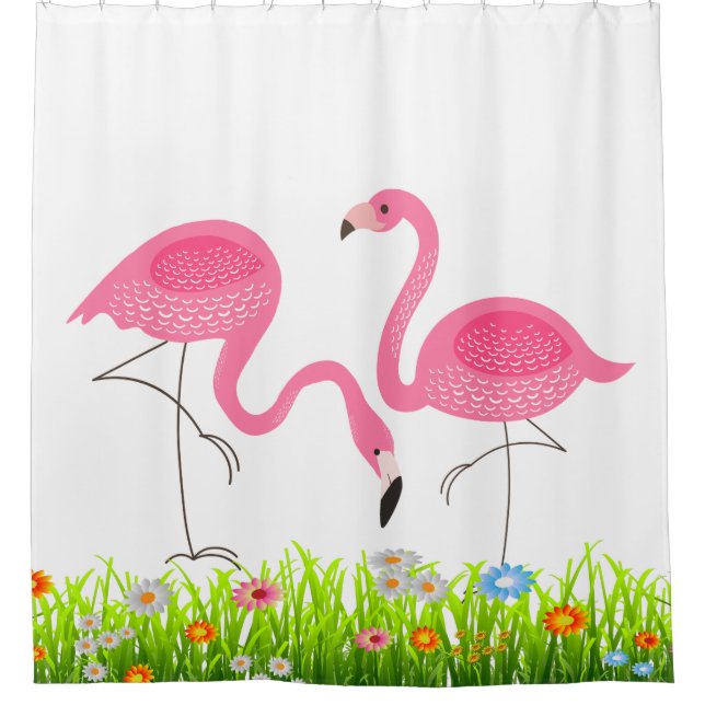 Pink Flamingos & Spring Grass & Flowers Shower Curtain (Front)