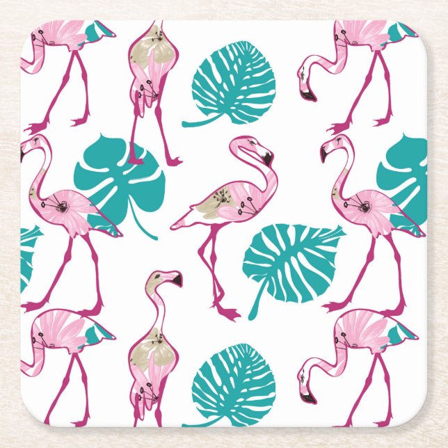 Pink Flamingos Square Paper Coaster (Front)