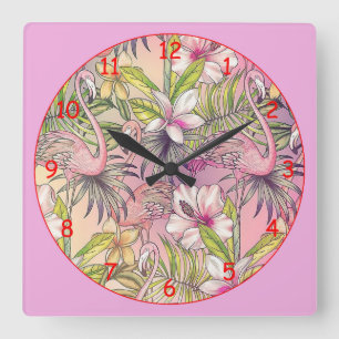 Pink Flamingos Square Wall Clock