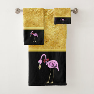 Pink Flamingos standing with a red bow tie Bath Towel Set