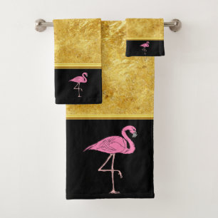 Pink Flamingos standing with gold foil texture 3 Bath Towel Set