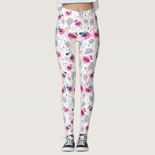 Pink Flamingos Stylised Tropical Flowers Pattern Leggings