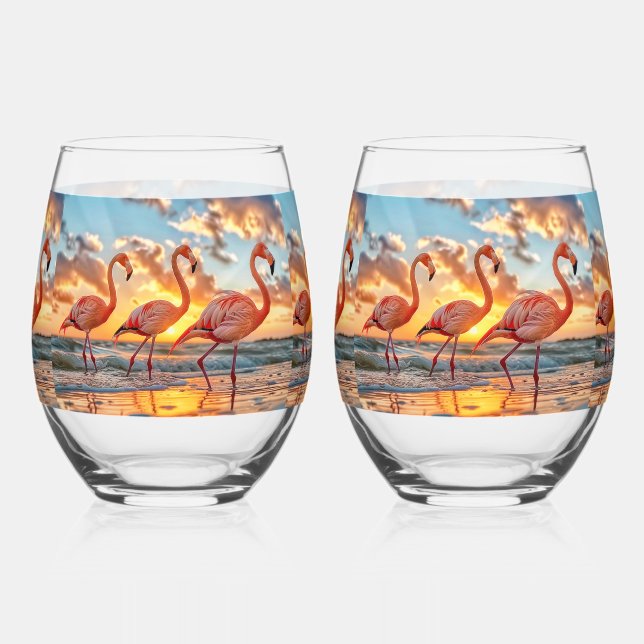 Pink Flamingos Sunset Ocean Tropical Sky Clouds  Stemless Wine Glass (Front)