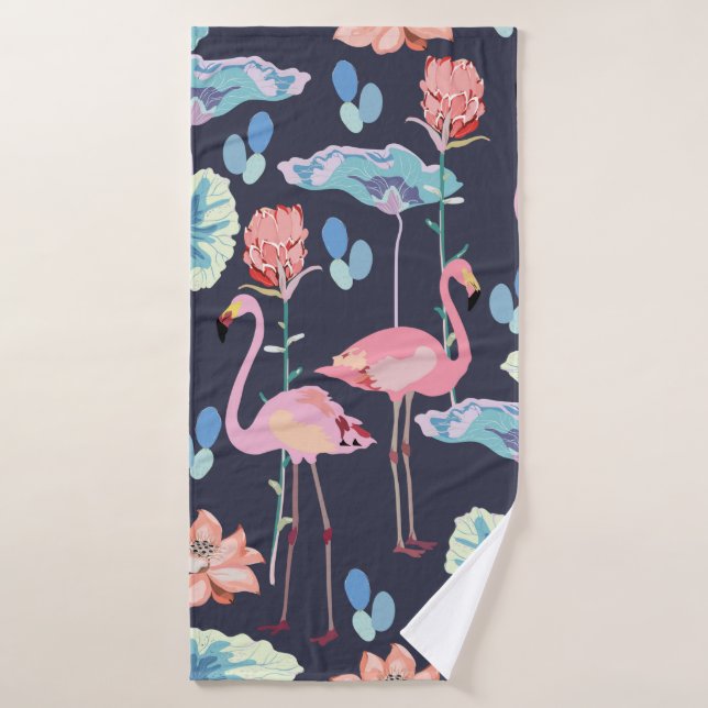 Pink flamingos surrounded by lotus flowers and pro bath towel (Bath Towel)