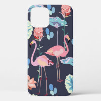 Pink flamingos surrounded by lotus flowers and pro