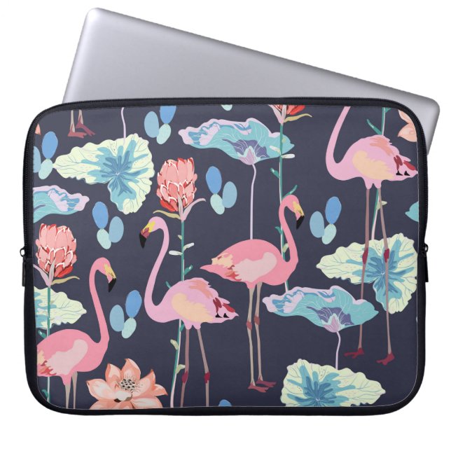 Pink flamingos surrounded by lotus flowers and pro laptop sleeve (Front)