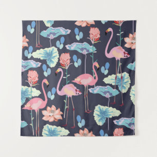 Pink flamingos surrounded by lotus flowers and pro tapestry