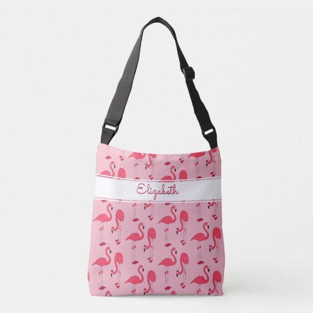 Pink Flamingos Trendy Novelty Pattern with Name Crossbody Bag (Front)