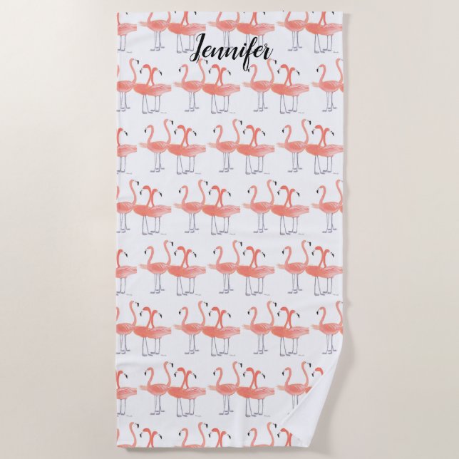 Pink flamingos Tropical birds watercolor Cute Bird Beach Towel (Front)