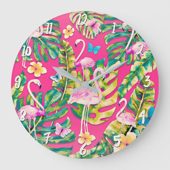 Pink Flamingos Tropical Botanical Butterfly Garden Large Clock (Front)