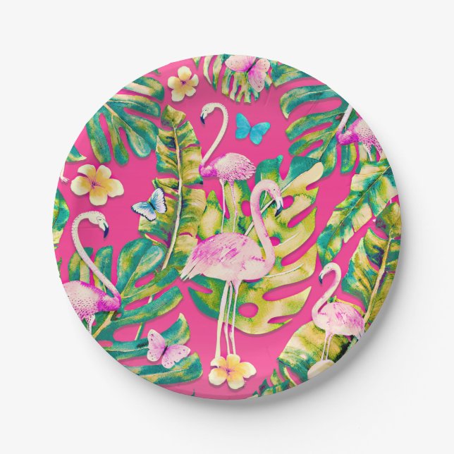 Pink Flamingos Tropical Botanical Butterfly Garden Paper Plate (Front)