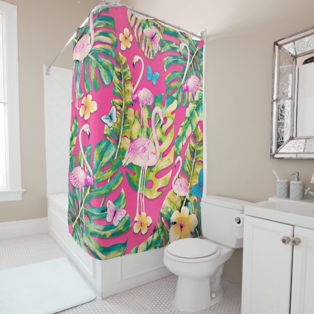 Pink Flamingos Tropical Botanical Butterfly Garden Shower Curtain (In Situ)