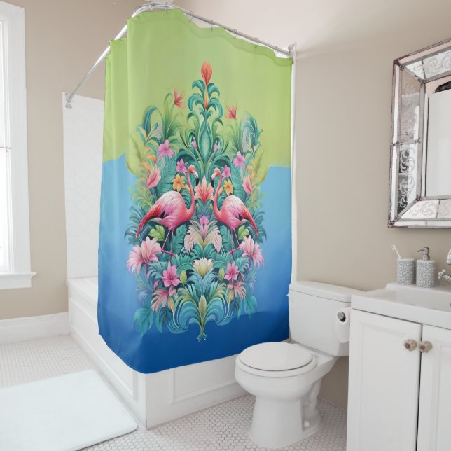 Pink Flamingos Tropical Fantasy Garden  Shower Curtain (In Situ)