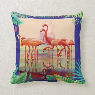 Pink Flamingos & Tropical Flowers Leaves Pillow