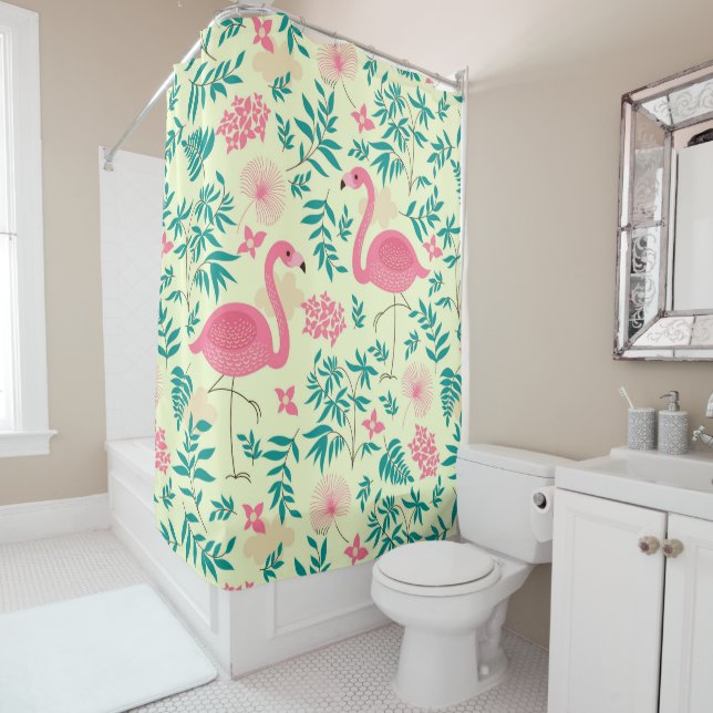 Pink Flamingos & Tropical Flowers Pattern Shower Curtain (In Situ)