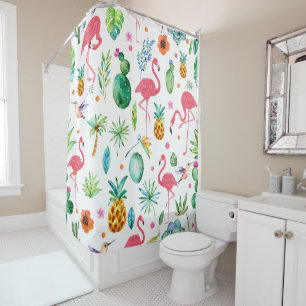Pink Flamingos & Tropical Flowers Pattern Shower Curtain