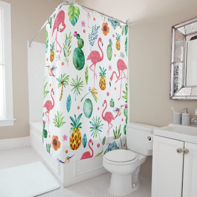 Pink Flamingos & Tropical Flowers Pattern Shower Curtain (In Situ)