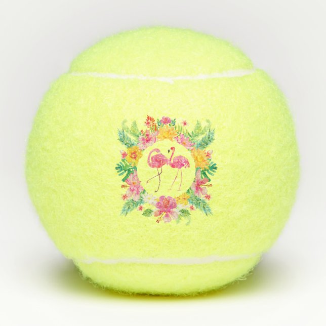 Pink Flamingos Tropical Flowers Wreath Tennis Balls (Front)
