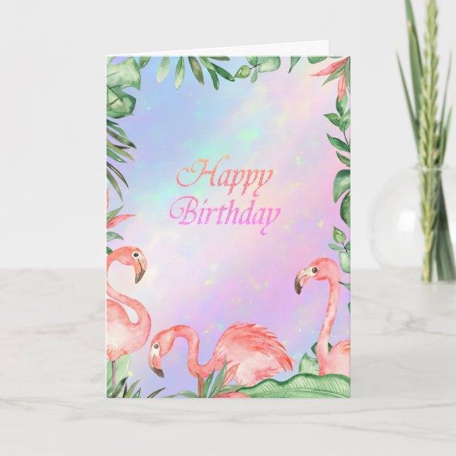 Pink Flamingos Tropical Holographic Birthday Card (Front)