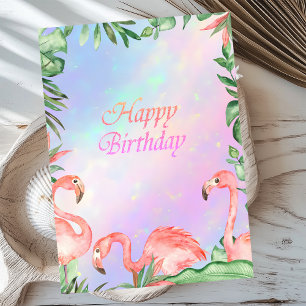 Pink Flamingos Tropical Holographic Birthday Card