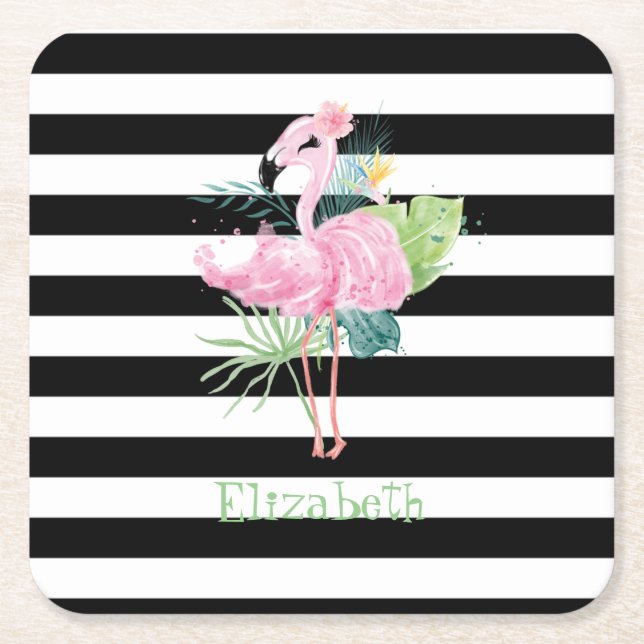 Pink Flamingos,Tropical Leave ,Black White Stripes Square Paper Coaster (Front)