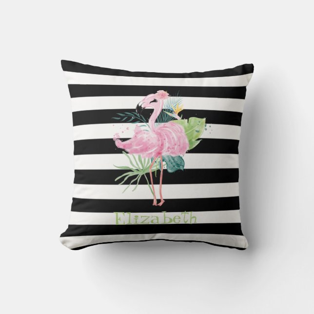 Pink Flamingos,Tropical Leaves Black Stripes Cushion (Front)