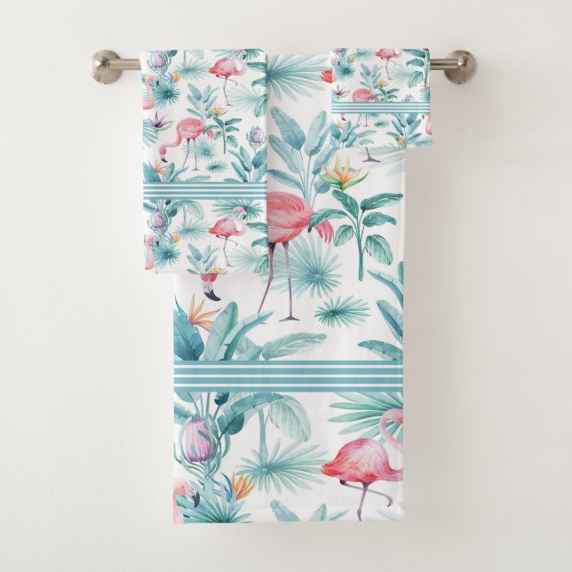 Pink flamingos tropical leaves flowers pattern bath towel set (Insitu)
