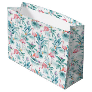 Pink flamingos tropical leaves pattern large gift bag