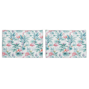 Pink flamingos tropical leaves pattern pillowcase