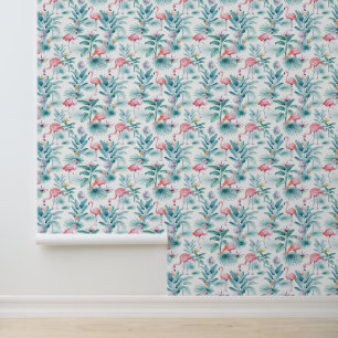 Pink flamingos tropical leaves pattern wallpaper