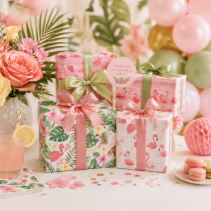 Pink Flamingos Tropical Leaves Wrapping Paper Sheet