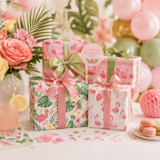 Pink Flamingos Tropical Leaves Wrapping Paper Sheet