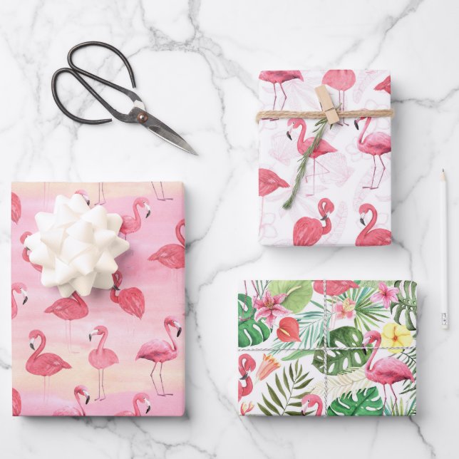 Pink Flamingos Tropical Leaves  Wrapping Paper Sheet (Front)