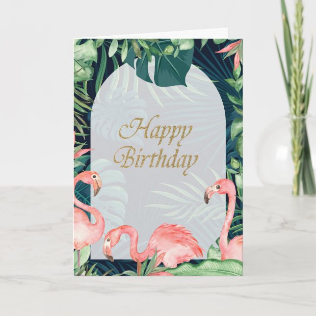 Pink Flamingos Tropical Palm Leaves Birthday Card (Front)