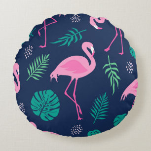 Pink flamingos, tropical palms, hand-drawn seamles round cushion