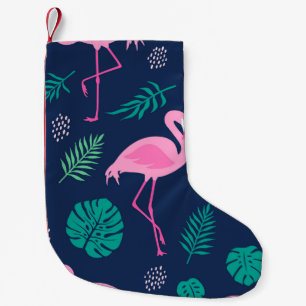 Pink flamingos, tropical palms, hand-drawn seamles small christmas stocking