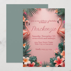 Pink Flamingos Tropical Palms & Plumeria Flowers Invitation