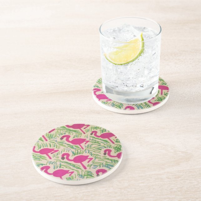 Pink Flamingos Tropical Pattern Coaster (Side)