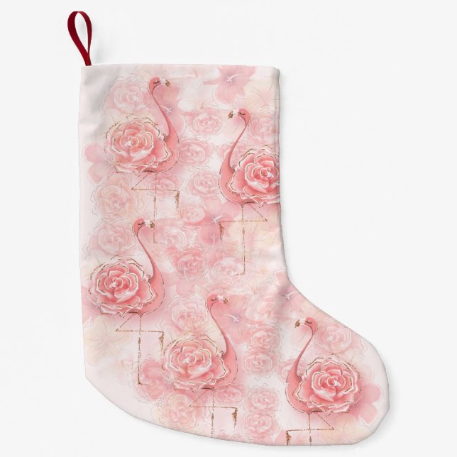 Pink Flamingos Tropical Pink Roses Small Christmas Stocking (Front)