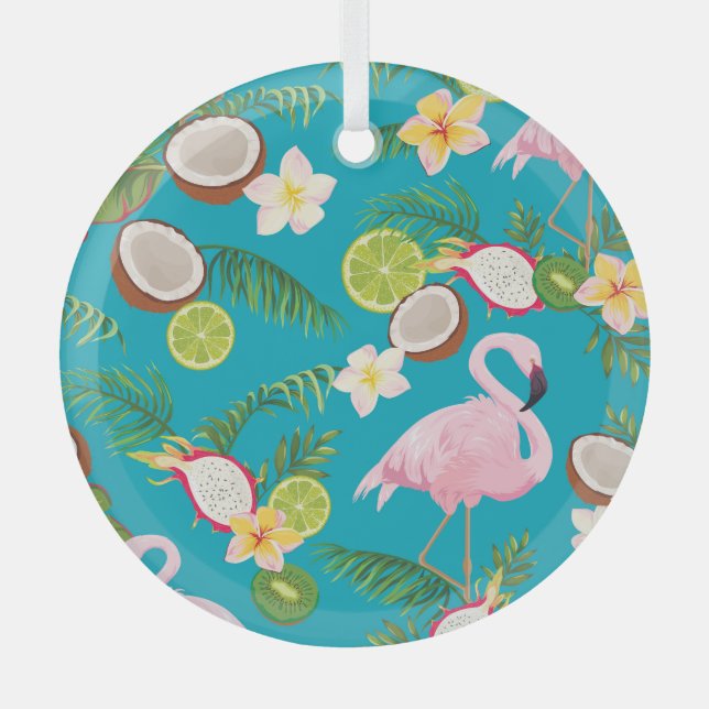 Pink Flamingos: Tropical Seamless Pattern Glass Tree Decoration (Front)