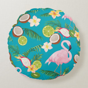 Pink Flamingos: Tropical Seamless Pattern Round Cushion