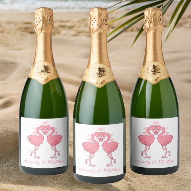 Pink Flamingos Tropical Summer Beach Wedding Sparkling Wine Label (Creator Uploaded)