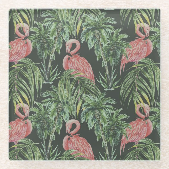 Pink flamingos, tropical vintage pattern. glass coaster (Front)