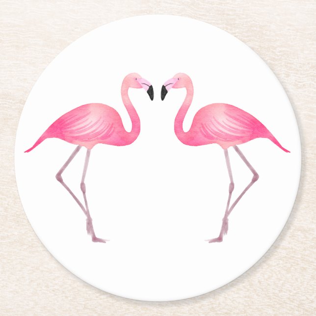 Pink Flamingos Tropical Wedding, Party, Luau Beach Round Paper Coaster (Front)